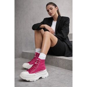Alexander McQueen Tread Slick High Top Sneakers Pink Canvas Chunky Platform